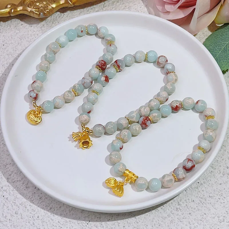 AngLang Natural Shoushan Stones Jade Beaded Strand Bracelets for Women Vintage Flower Lock Lotus Pendant Fine Jewelry YBR966