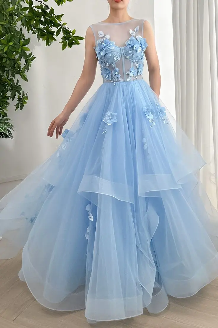 

Light Blue Prom Dresses Ruffles Skirt Tulle Floral Illusion Sleeveless Formal Party Evening Gowns Women Special Occasion Dress