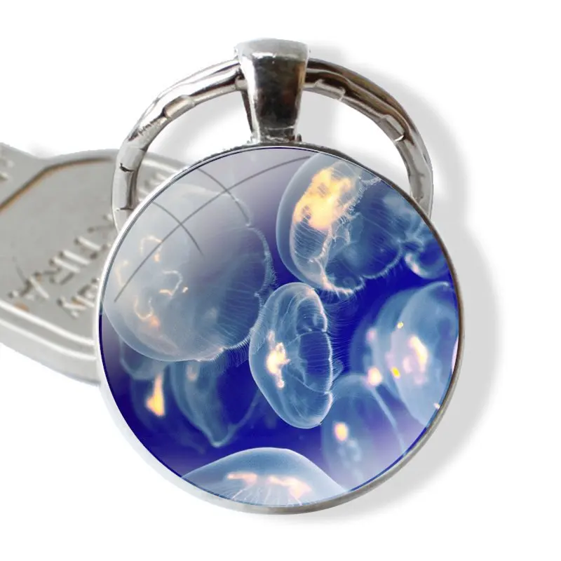 Jellyfish Keychain para homens e mulheres pingente de metal cabochão de vidro chaveiro clássico