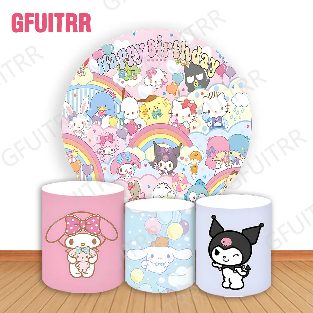 Sanrio Characters Round Backdrop Melody Kuromi Cinnamoroll Cylinder Cover Kids Baby Shower Decoration Birthday Party Photo Props