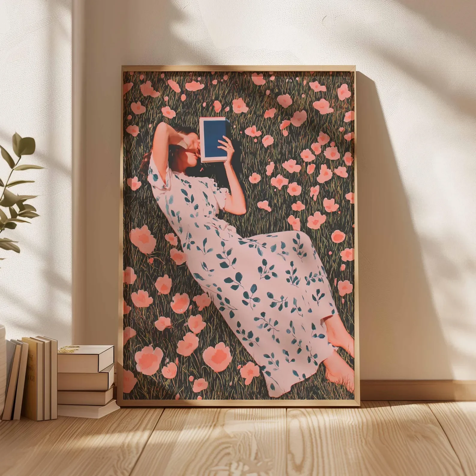 Woman Reading Poster, Reading Gift, Summer Floral Wall Art, Feminine Aesthetic Print, Girl in Flowers Artwork, Book Lover Decor