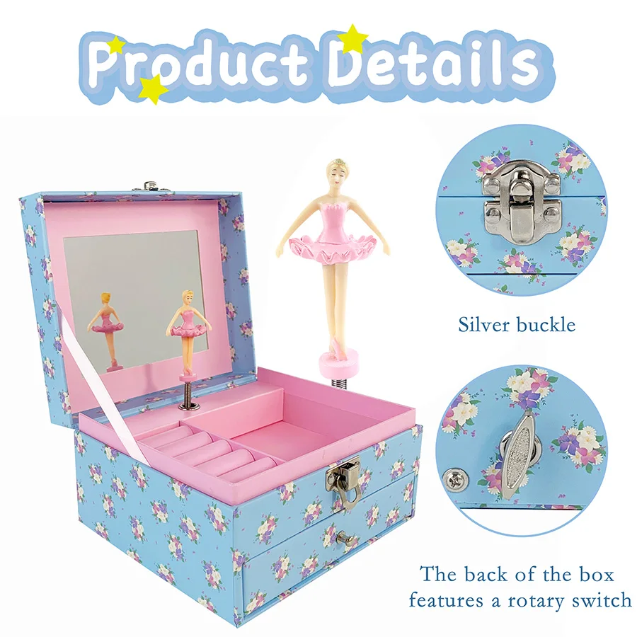 New Hot Item Light Blue Floral Musical Jewelry Box with Mirror & Lock, Perfect Gift for Girls Teens Women Any Holiday