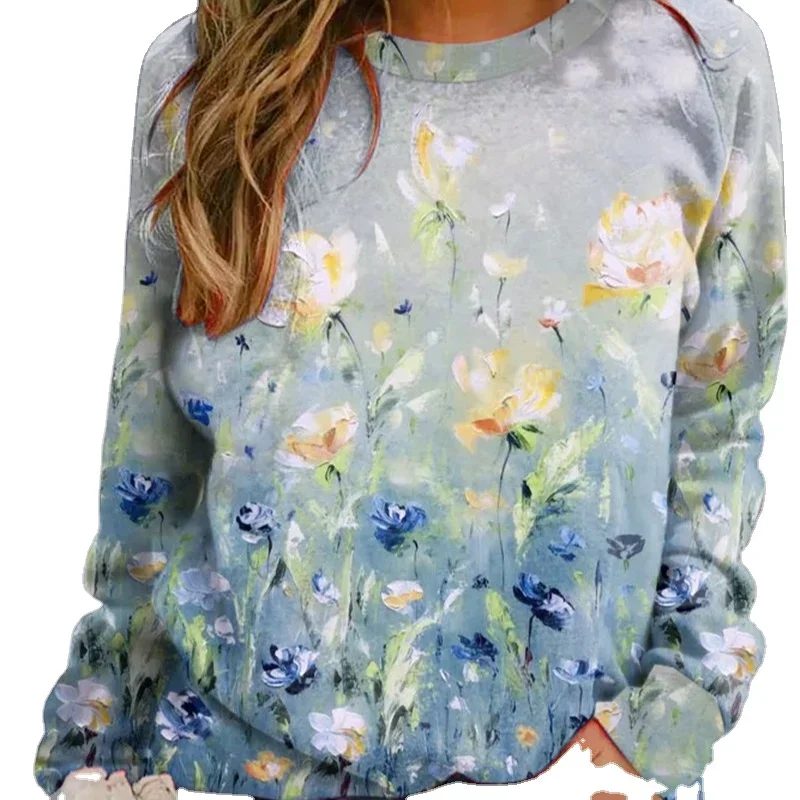 2023 autumn and winter floral loose print casual long-sleeved round neck sweatshirt  Oversize Hoodie Puff Print Hoodie For Women