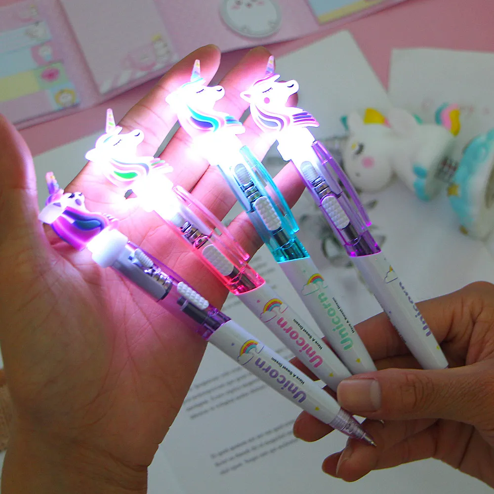 1 Pcs Creative Cartoon Unicorn Light Pen Cute Glowing Ballpoint Pen Student Stationery 0.5mm Writing Tool School Supplies