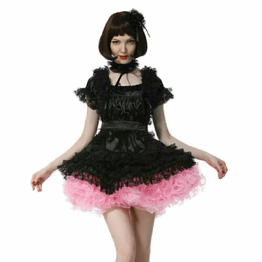 

Sissy Cosplay Girl Maid Square Cut Neck Satin Dress Costume Custom Halloween Costume