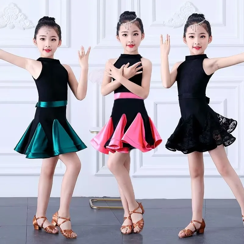Fantasia de Dança Latina para Meninas, Traje de Prática Infantil, Vestido de Performance, Saia de Competição para Crianças, Fibra Elástica