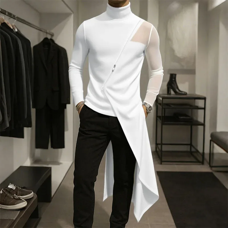 KIDWHXR Men Irregular T-shirt Simpe Solid Mesh Patchwork Turtleneck Male Tops Slim Long Sleeve Zipper Comfortable Man Tees