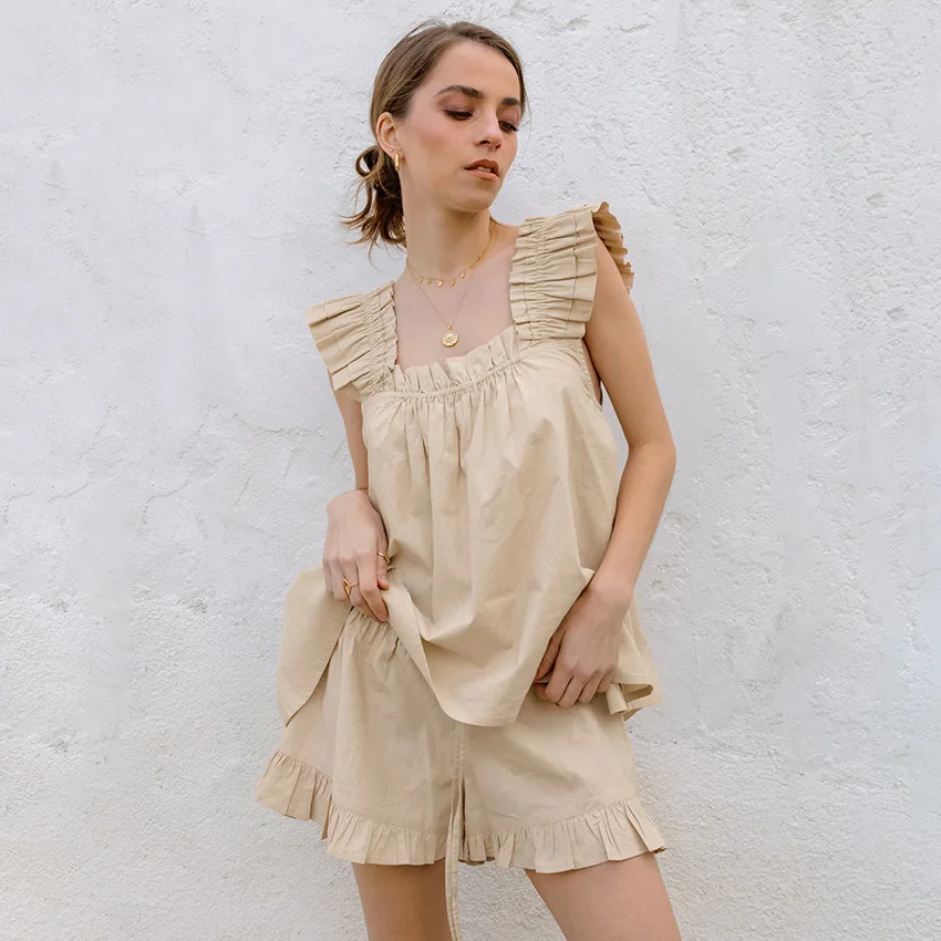 

Summer 100% Cotton Linen Breathable Loose Fit Quilted Vest Shorts Pajama Set Stylish Fungus Edge Comfortable Loungewear L Size