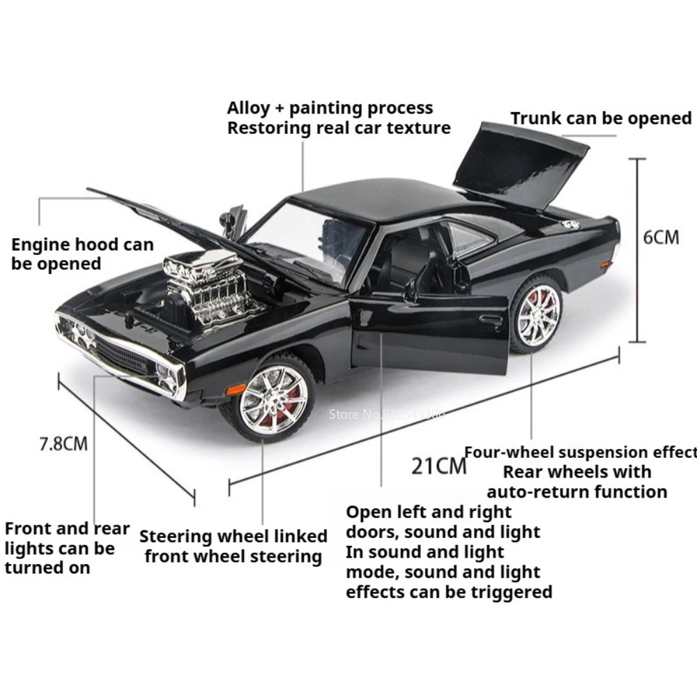 Scale 1:24 Charger 1970 Hellcat Car Model Toy Sound Light Pull Back Models Front Wheel Steer Doors Opened Cars for Boys Gifts