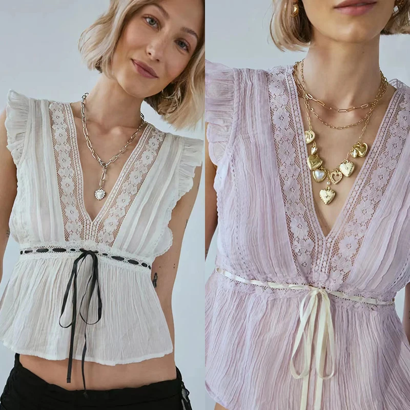 

Summer 2025 New Light Thin Lace Trim V-ne Folded Svel Top Waist-cinching Iron-free Cotton 00% Women's irt