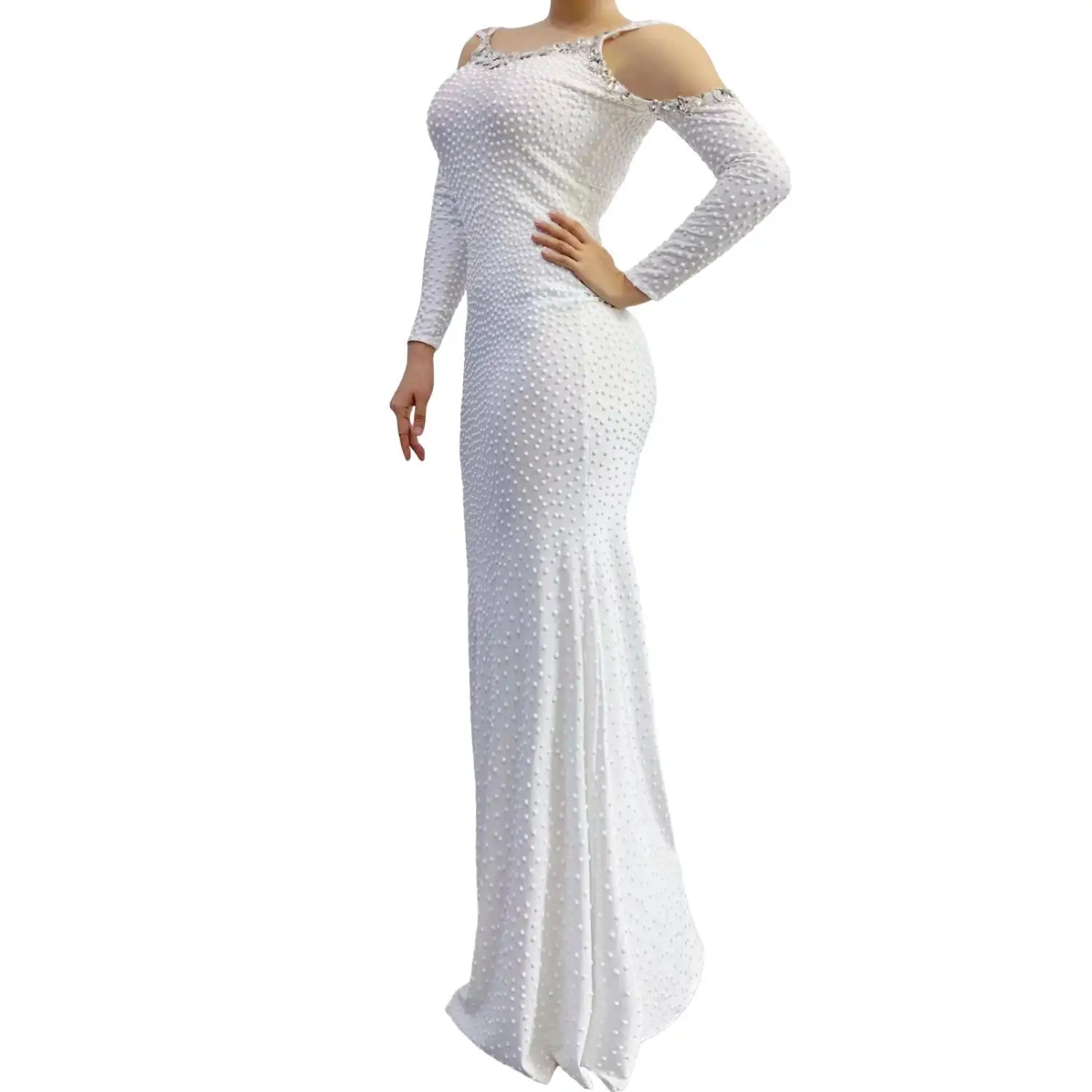 

Dabaitian Sparkly White Pearl Off Shoulder Long Sleeve Mermaid Dress Formal Evening Gala Red Carpet Party Gown for Women
