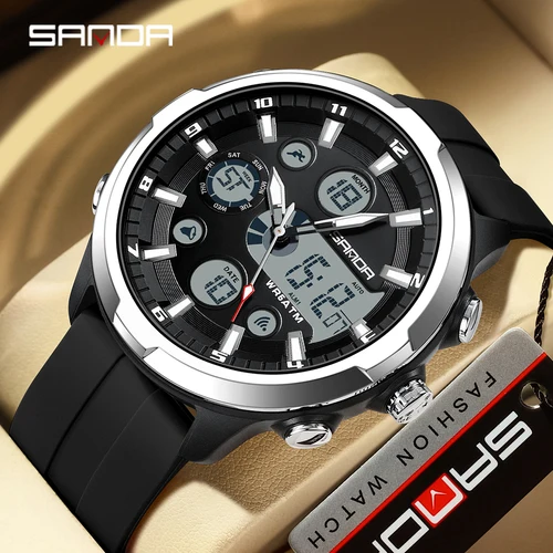 Imagen 2 del producto Reloj electrónico para hombre estilo SANDA 9053 G con pantallas duales luz nocturna impermeable LED reloj Digital electrónico para hombre