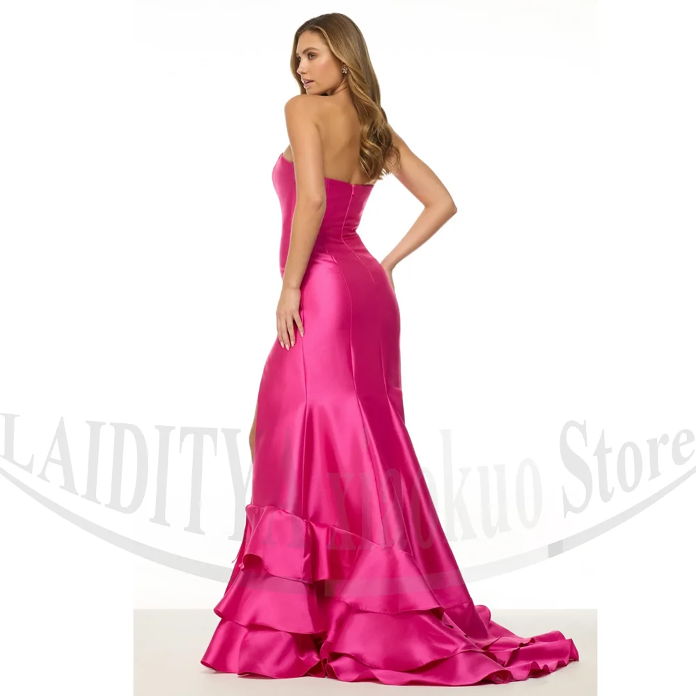 

Fuchsia Satin Evening Dresses Fashion Strapless Long Party Gowns Sleeveless Tiered Pleat Sweep Train Customized Prom Dresses
