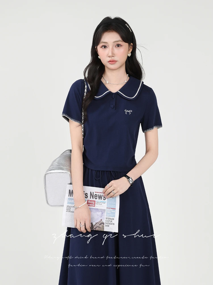 

Новый летний комплект Zhang Soda 'ōwa Sweet Heart' в королевском синем цвете: футболка и юбка, женский комплект из двух предметов