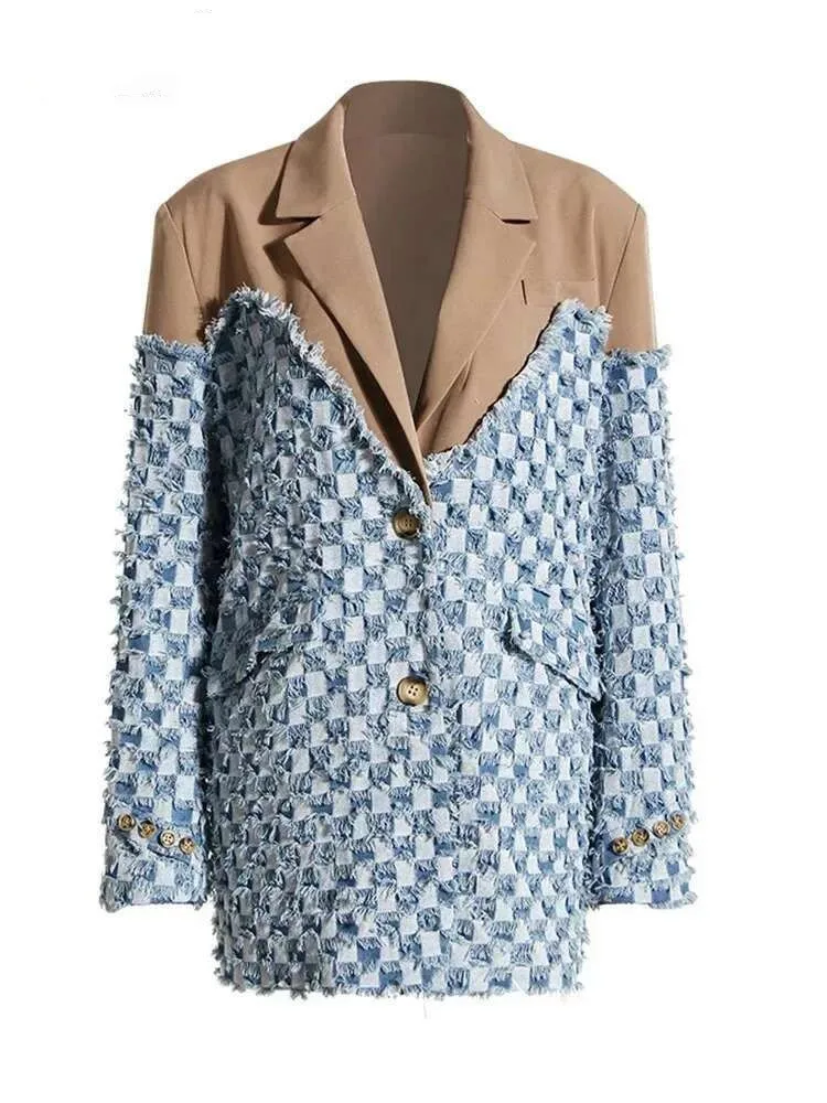 

Newest Black Denim Color-block Blazer Women New Lapel Long Sleeve Loose Fit Jacket Fashion Tide Spring Autumn 2025 vestes femmes