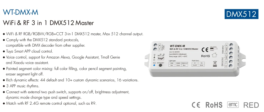 Imagem -03 - Interruptor com Wifi Rgb Rgbw Rgb Mais Cct rf Dmx512 Controlador Led Mestre Controle de Aplicativo Tuya para Tira de Luz em