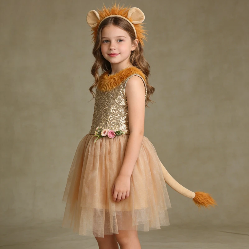 Girls Cute Lion Tulle Dress Kids Cartoon Beauty Clothing Halloween Party Outfit Children Stage Performance Show Clothing