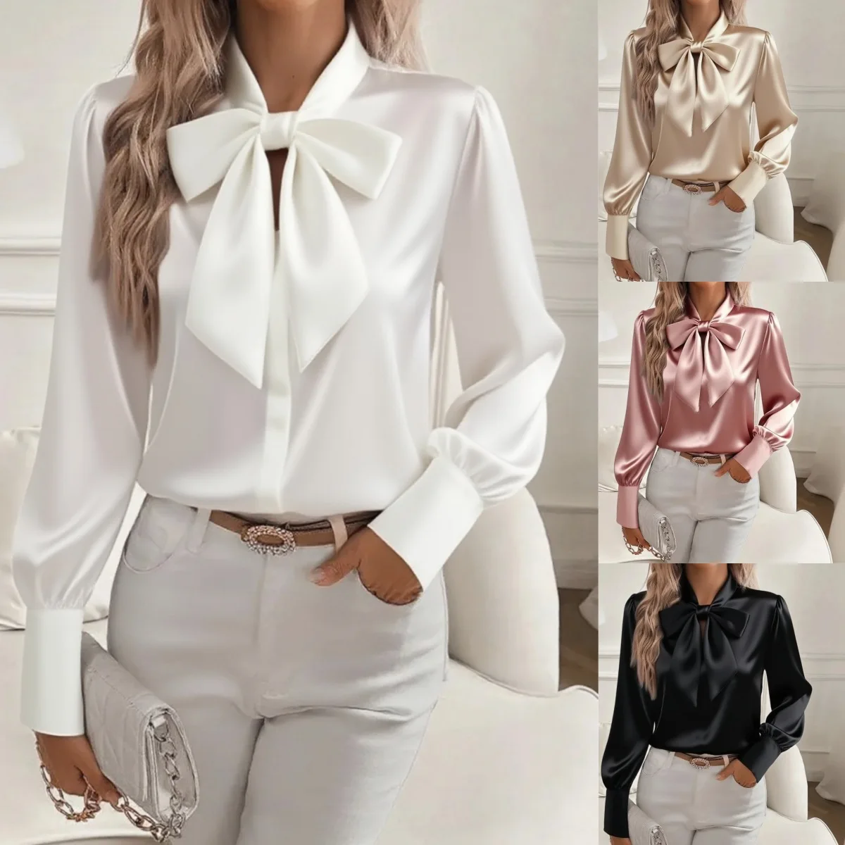 

2026 New Autumn Solid Color Casual Versatile Bow Satin Shirt Long Sleeve Women's Clothing