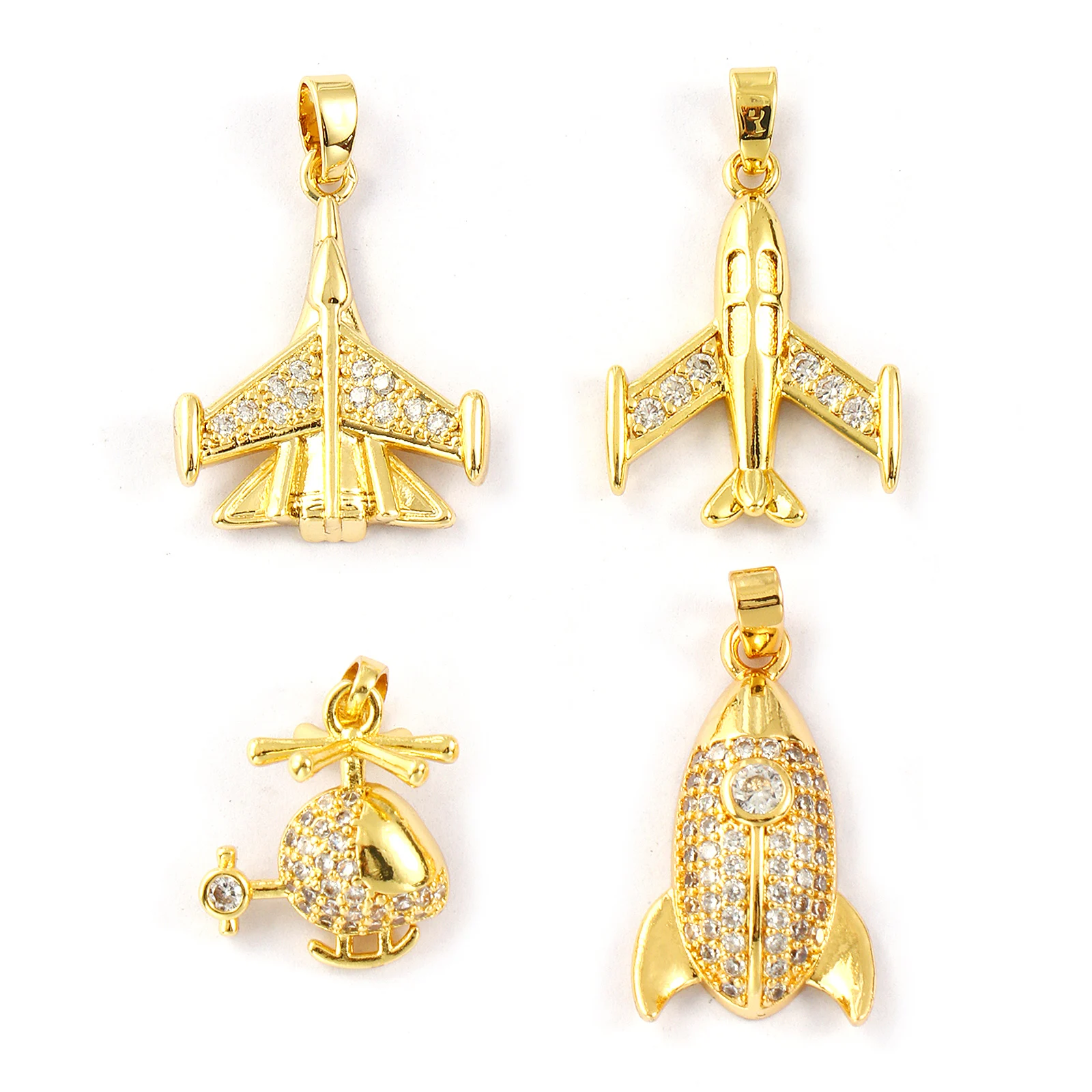 2 PCs Brass Charm 18K Gold Plated Micro Pave Clear Cubic Zirconia Aircraft Rocket Pendants For DIY Necklace Jewelry Making