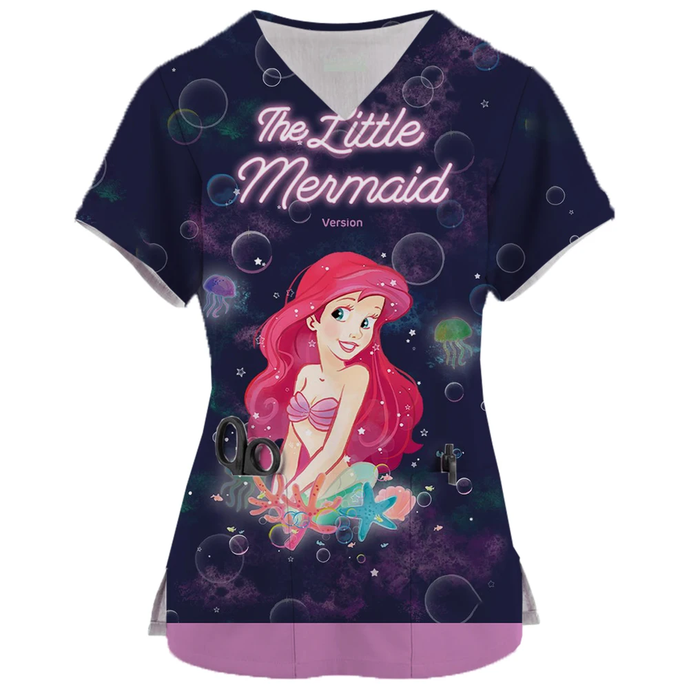 Miniso Womens Short Sleeve V Neck Disney Princess Print Nursed Working Blouse Pockets Mock Hospital Nursing Uniform Accessory