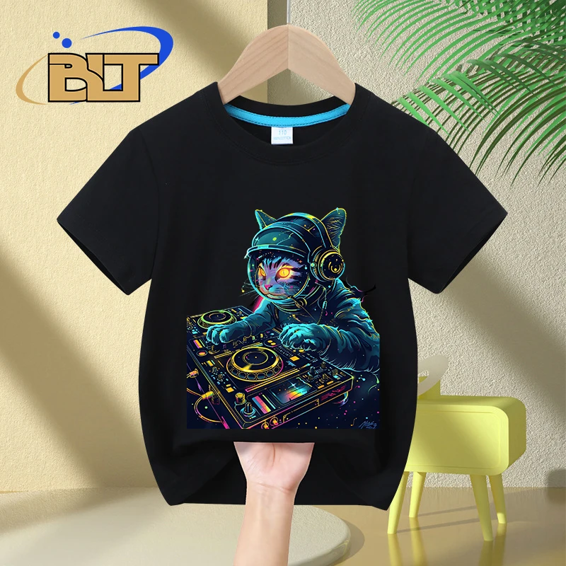 DJ Cat Print Kinder T-Shirt Sommer Kinder reine Baumwolle kurz ärmel ige lässige Tops Jungen und Mädchen Geschenke