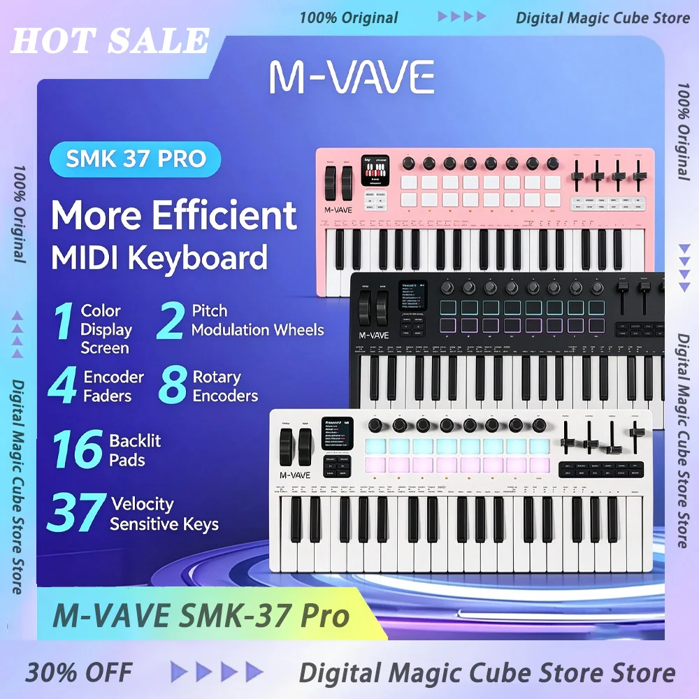 M-VAVE SMK-37 Pro 37 Key Keyboard MIDI Controller​ With Built-in Synth Engine 8 Knobs + 16 RGB Pads 37 Key MIDI Controller