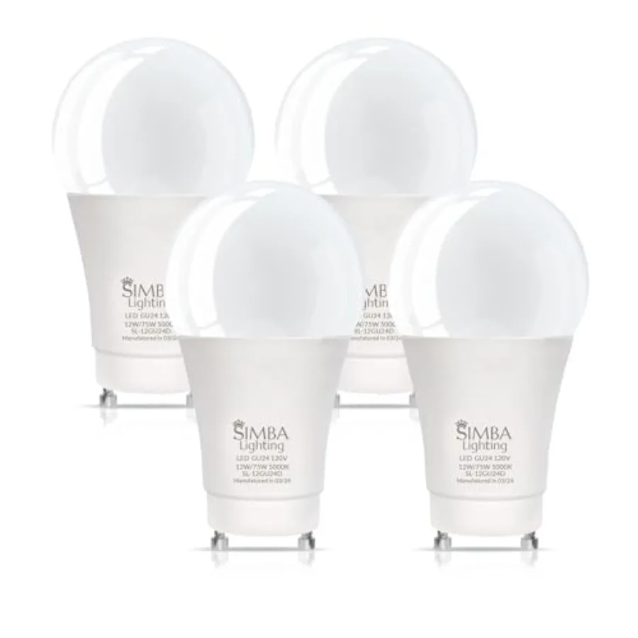 

LED GU24 A19 Light Bulb 12W 75W to 100W Replacement 4 Pack 120V 2 Prong Twist and Lock Base for Ceiling Lights, Pendants, Outdo