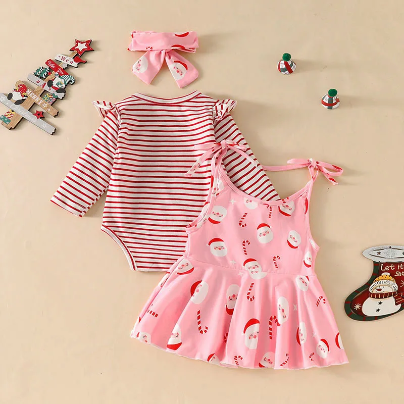 0-18M Baby Girl Christmas Outfit, Long Sleeve Striped Romper with Santa Claus Slip Dress and Headband