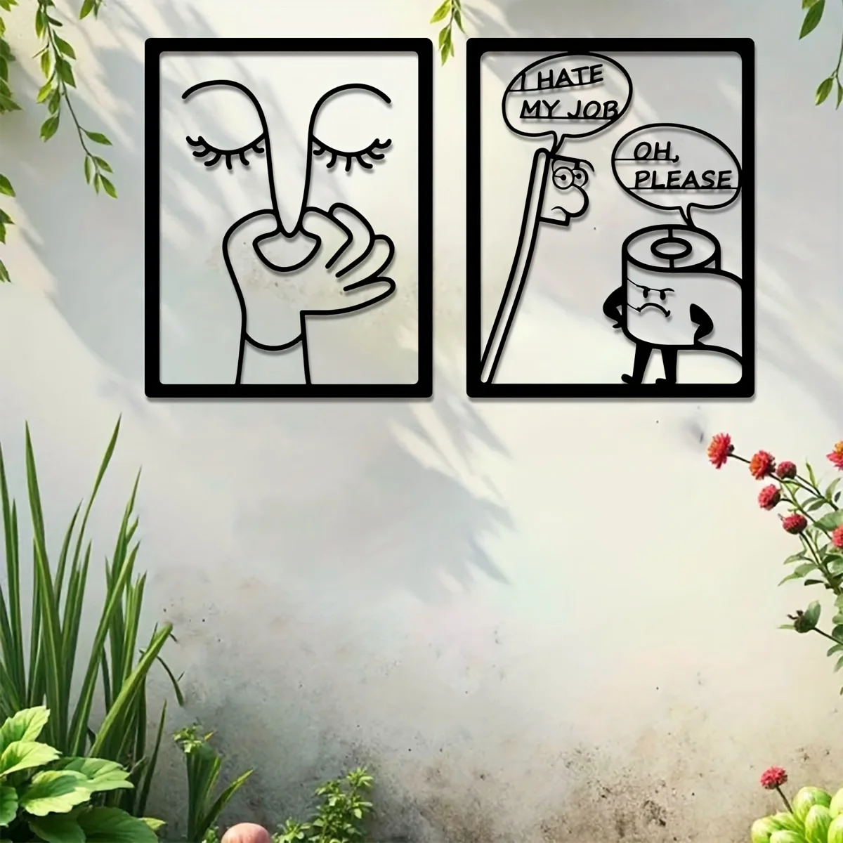 CIFBUY Wandkunst aus Schmiedeeisen, lustige Cartoon-Skulptur, 2D-Flachbild, Badezimmerdekoration für Zuhause, Balkon, Garten