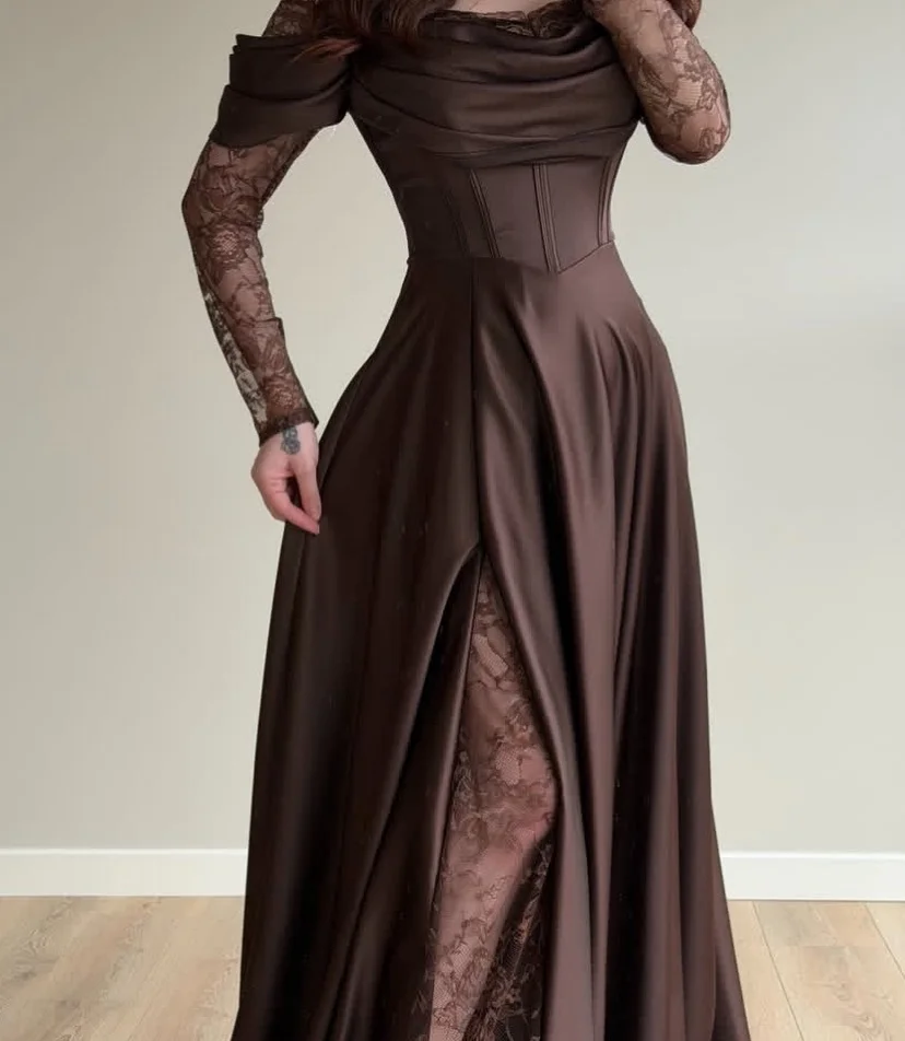 Elegant Scoop Neckline Prom Dresses Pleated Evening Dress Cocktail Dress Formal Wedding Party Dress Long Sleeves Customized image 2