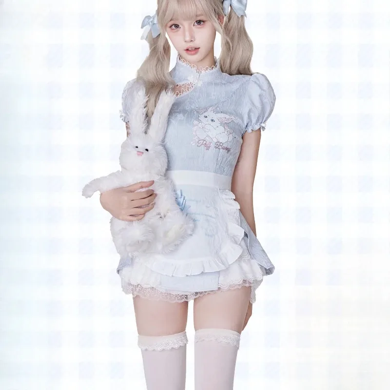 

New Chinese Style Vintage Lolita Mini Dress Sets Women Elegant Cute Cartoon Print Apron Mini Dresses Female Y2k Cheongsam Dress