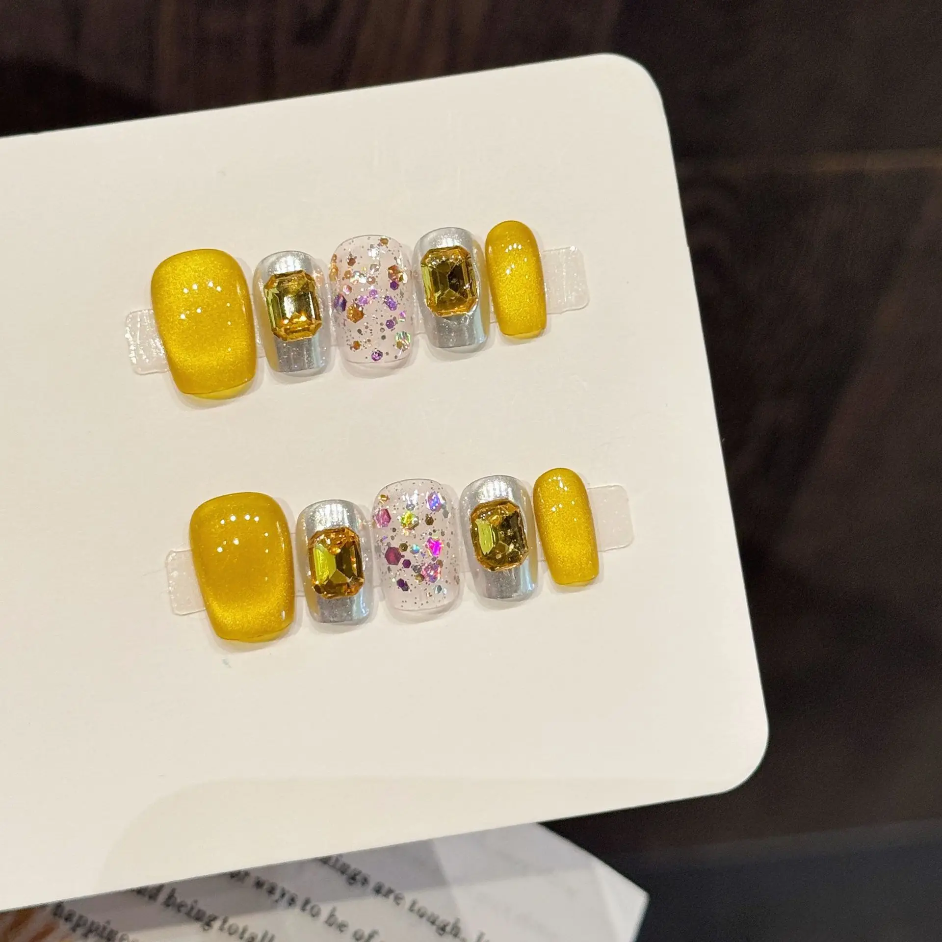 10PCS Coffin Handmade Press On Nails,Gold Glitters with Magic Colors, Cat's Eye Mirror Luxurious, Suitable For Parties And Daily