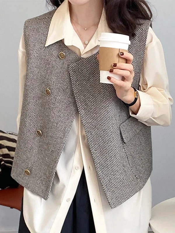 

Women's Checkered Suit Vest Outerwear Short Style Buttoned Layering Top Commute Fashion round Neck Regular Length Medium Warmth