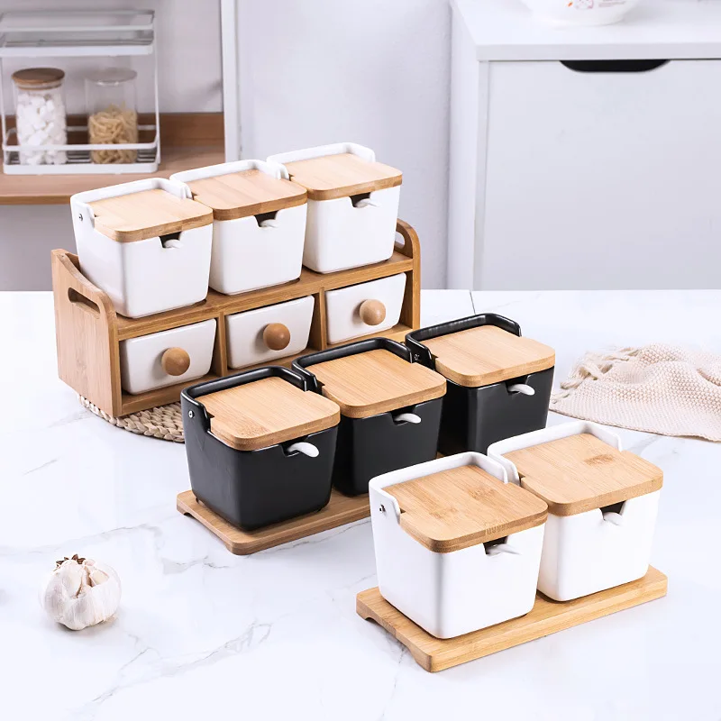 Square Ceramic Seasoning Jars Bamboo and Wood Seasoning Jar Japanese Jar Kitchen Household Salt Seasoning Box Set