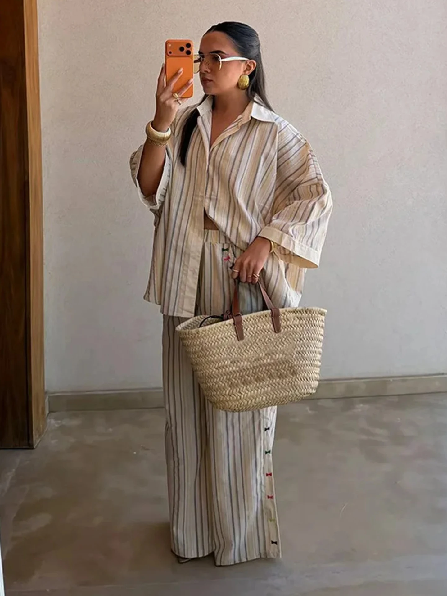 Autumn New Women's Long Sleeve Turn-down Collar Single Button Casual Shirt Top with Elastic Waist Long Pants Two-piece Set