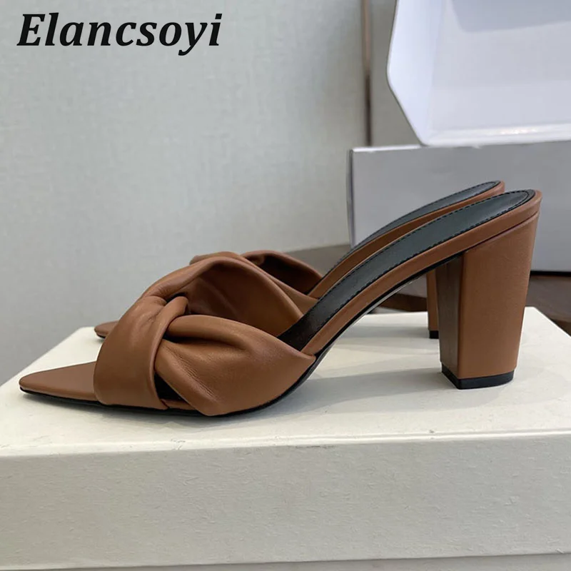 High Heels Slippers Women's Genuine Leather Knotting Chunky Heels Pointed Toe Sandals Summer Sexy Party Dress Shoes 2026