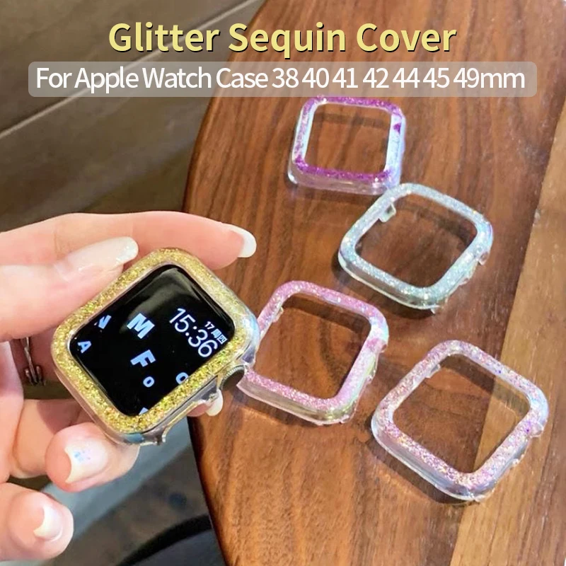 

Glitter Sequin Screen Protector Cover for Apple Watch 42mm 45mm 41 44 49 38 Ladies Bumper Frame Shell for IWatch 10 8 7 6 5 Case