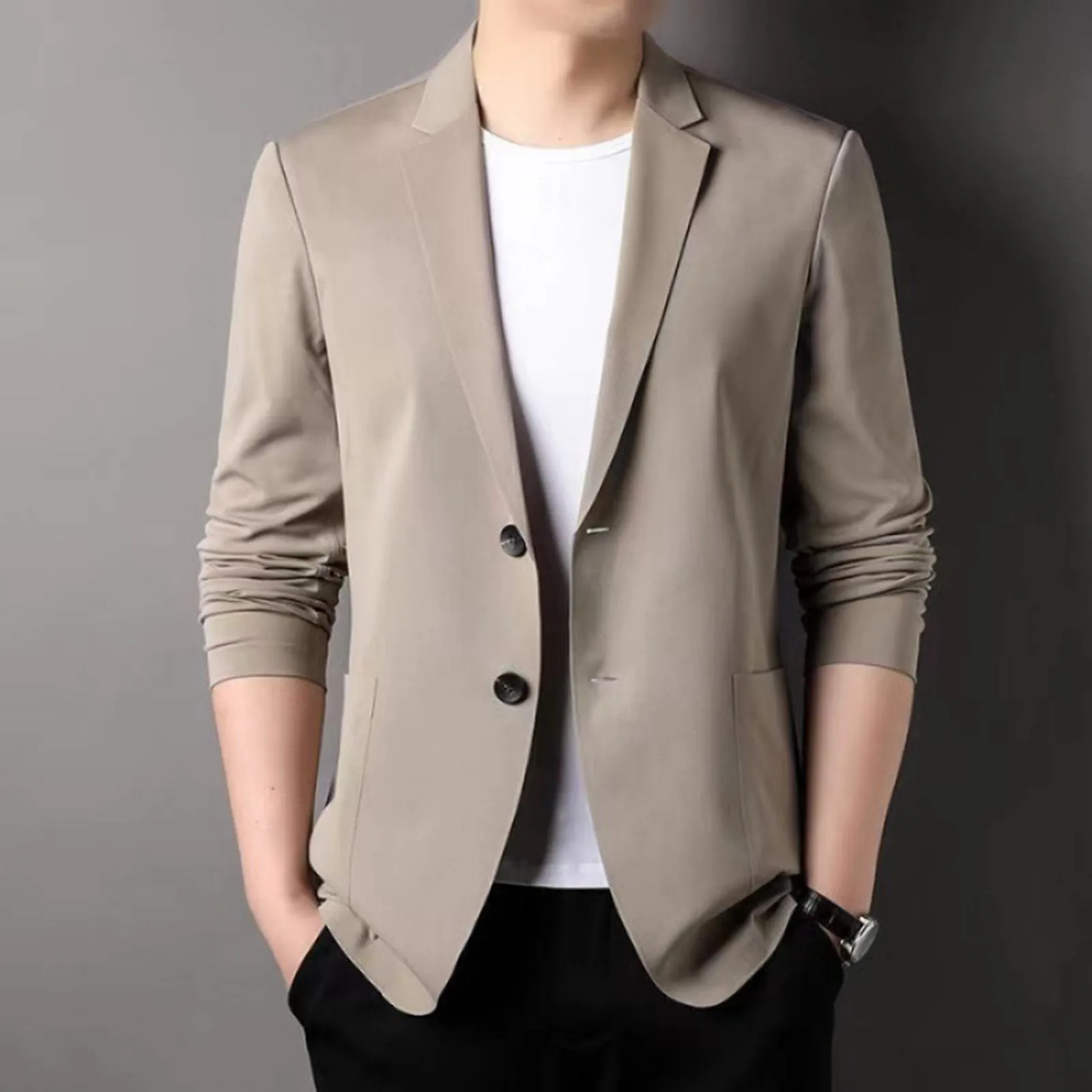 Men Blazer Solid Anti-Wrinkle Ultra Thin Suit Jacket Spring Autumn Breathable Stretch Casual Suit Plus Size Lightweight Blazers