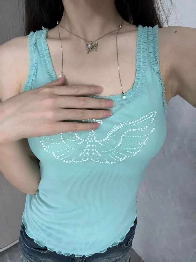 Tank Tops Woman Summer Y2k Tops Sleeveless T-shirt Korean Fashion Mesh Tops Slim Fit E-Girl White Black Blue Wing Graphic Shirt