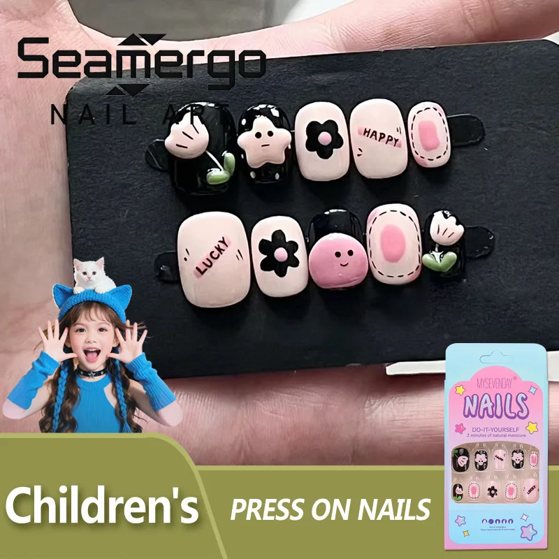 24PCS Cute Short Square Children's False Nails Summer Colorful Sweet Flowers Star Press on Fake Nails Cartoon Nail Tips Wearable