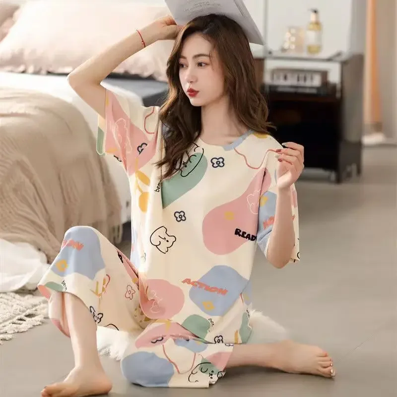 

Женский пижамный комплект, летний тонкий свободный комплект с короткими рукавами, милая студенческая домашняя одежда с героями мультфильмов, женский комплект из двух предметов, одежда для сна, домашняя одежда