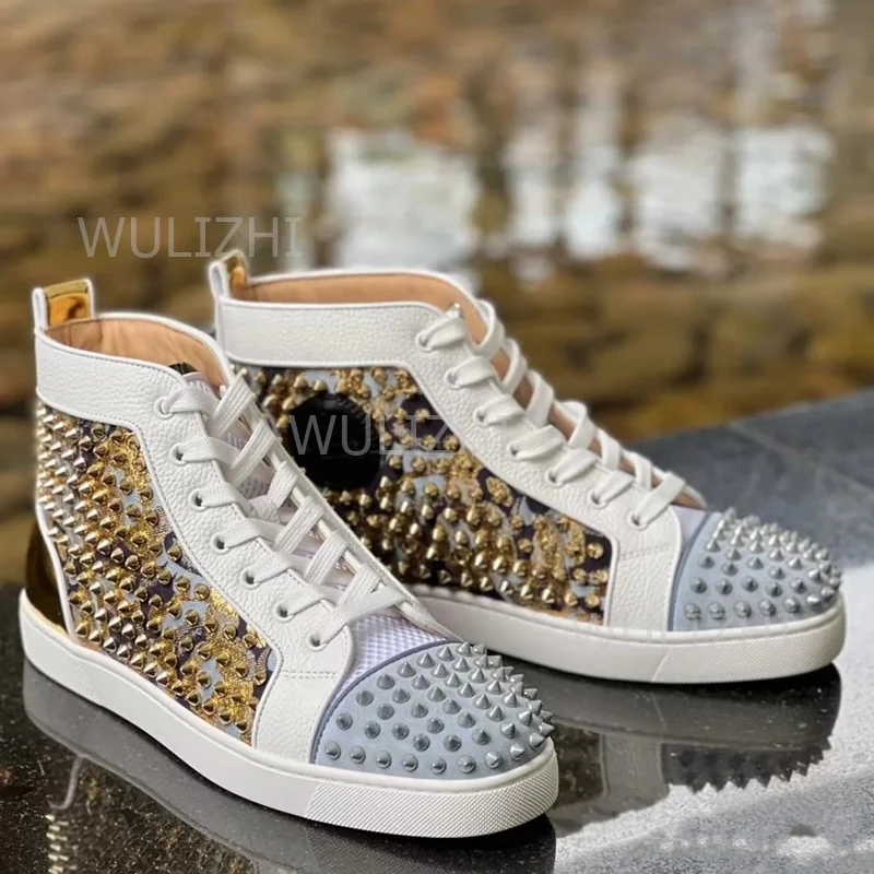 Leopard Light Blue Graffiti Rivet Sneakers Men's Flat Ankle Casual Lace-Up Sports Comfortable Shoes Mesh Couple Printed Leather