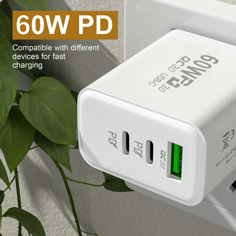 3 Ports 60W USB C Charger EU/US Plug PD QC3.0 Wall Phone Charger USB Type C Fast Charging Adapter For Samsung Xiaomi Huawei