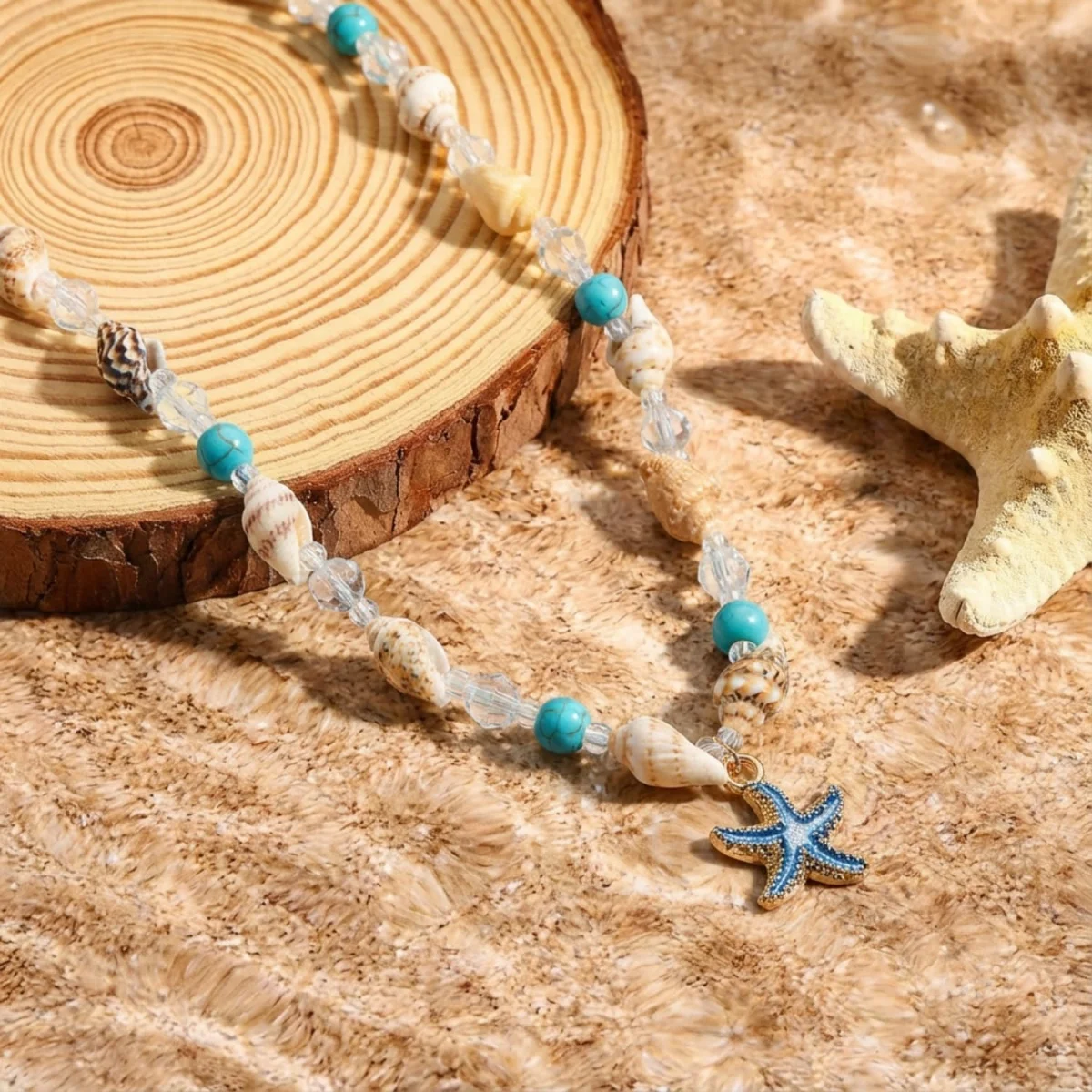 Metall-Seestern-Muschel-Anhänger-Halskette für Damen und Herren, Kristall-Reisperlen-Choker, Bohemian-Strandurlaub, Sommerparty-Schmuck – Detail 31
