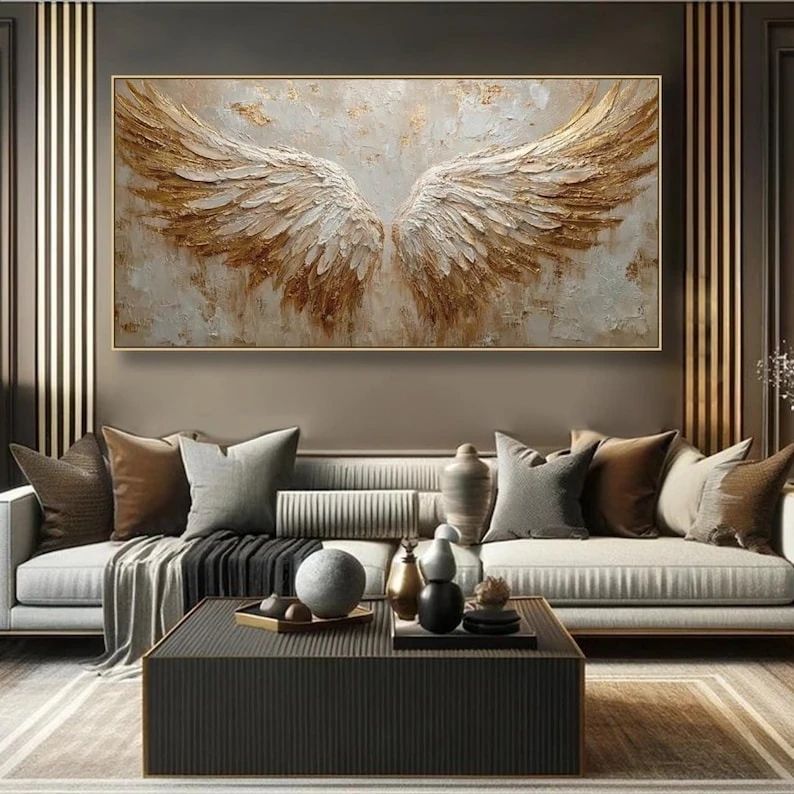 

Modern Gold White Angel Wings Textured Oil Painting on Canvas Frameless Large Abstract Luxury Oil Artworks for Living Room Decor