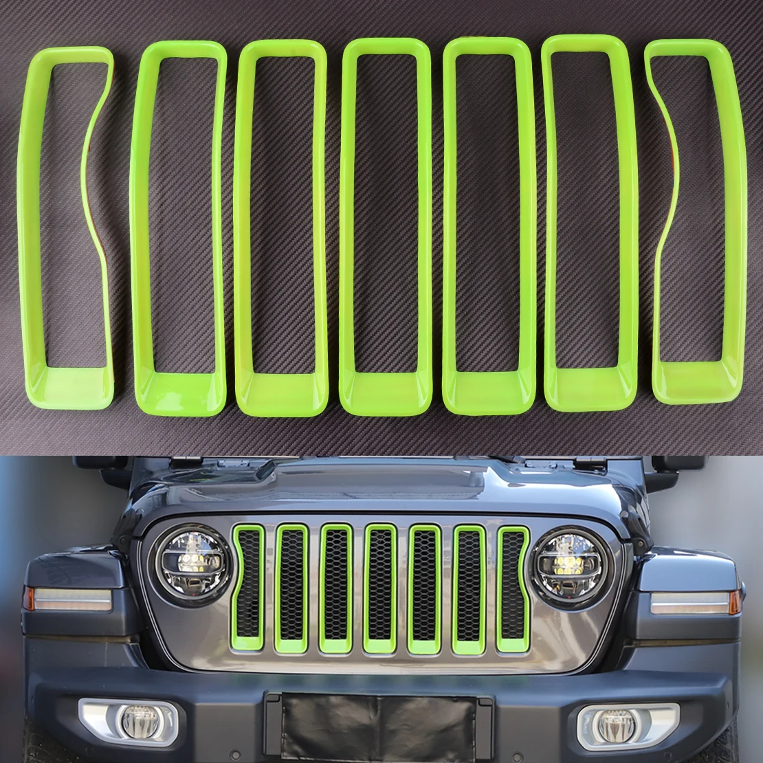 7pcs/Set Green Car Front Grille Inserts Cover Trim Bezel Kit ABS Fit for Jeep Wrangler JL Gladiator JT 2021-2020