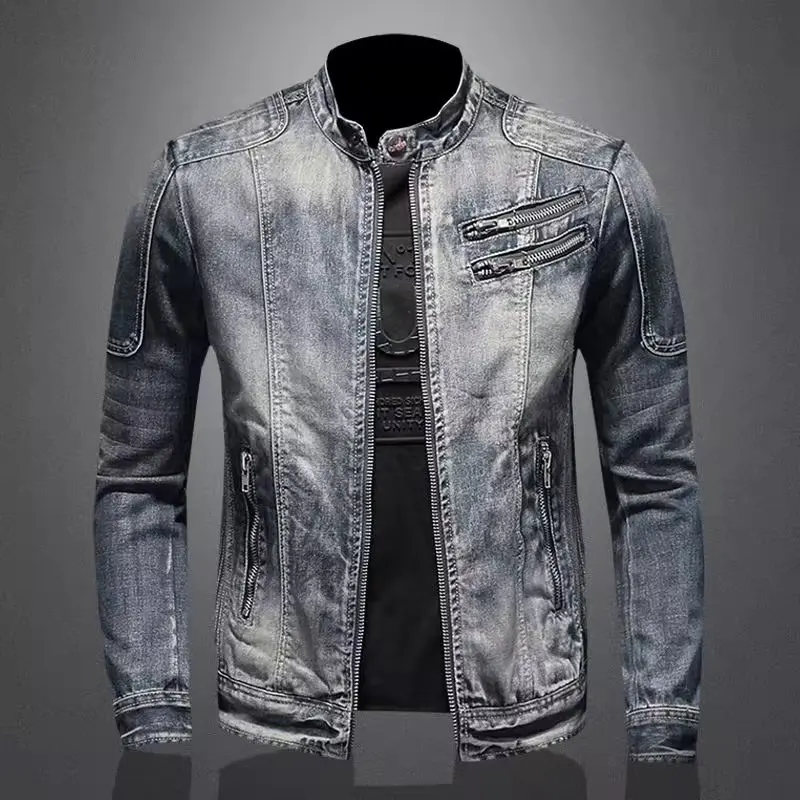 

Motorcycle Denim Jacket European Style Men's Denim Jacket Stand Collar Slimming Zipper Pocket Decoration Vintage Sports Top