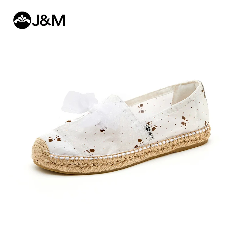 

J&M Bowknot Women Espadrilles Fisherman Shoes Round Toe Loafers Mesh Hemp Summer Flat Slip-on Casual Breathable White Sneakers