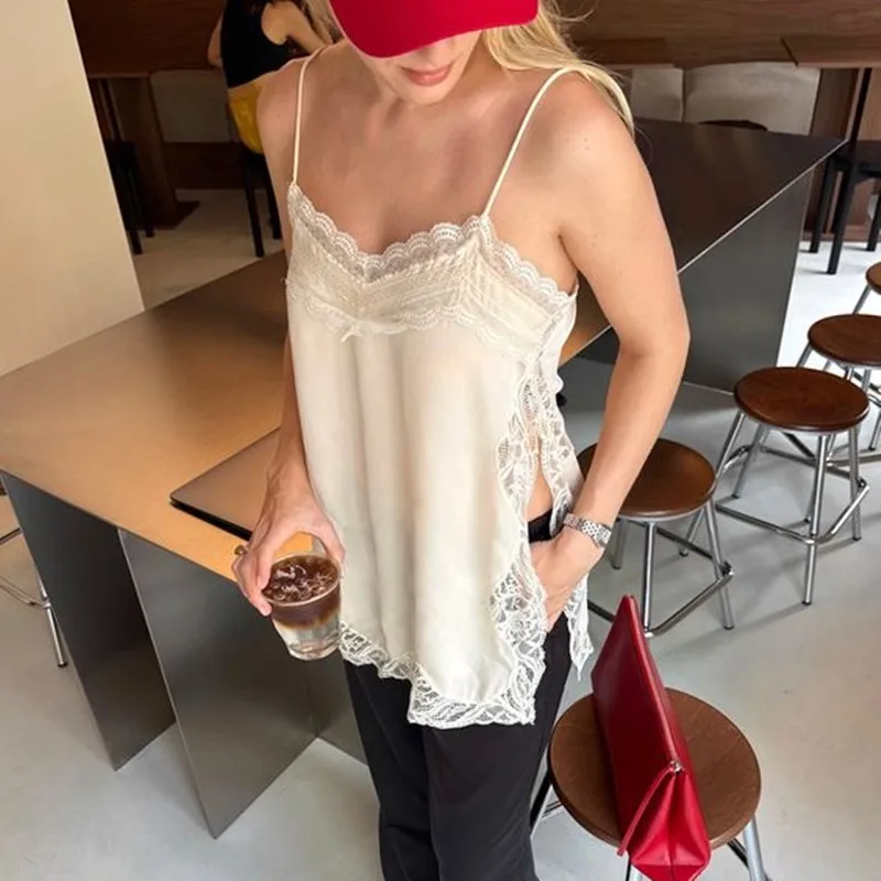 Hirigin النساء الدانتيل تقليم الساتان عالية منخفضة القمم الحرير السباغيتي حزام الجانب سبليت غير المتكافئة كامي الأعلى فلوي حريري طبقات القمم #2