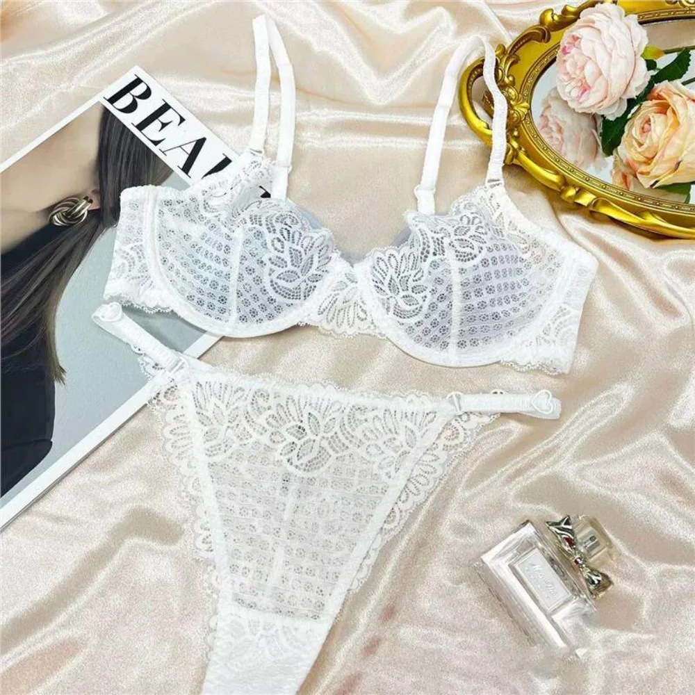 French Style Plaid Embroidery Mesh Women Lingerie Set Soft Underwire Minimizer Bra Panties Push Up Support Intimates 32-38セクシーな